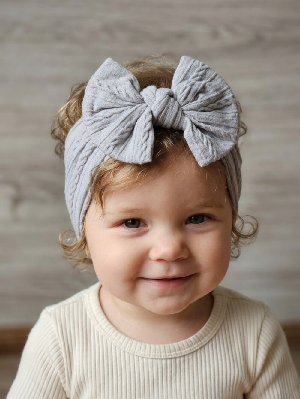 Cable Knit Baby Girl Headband Large Bow Light Gray Elastic Newborn Head Wrap